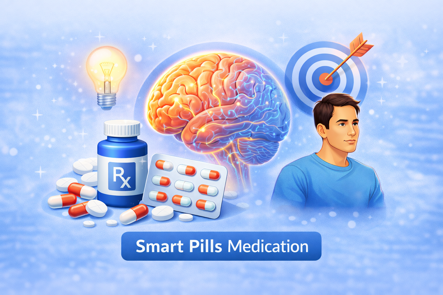 Cognitive support and smart pills medication banner showing brain focus and attention support tablets